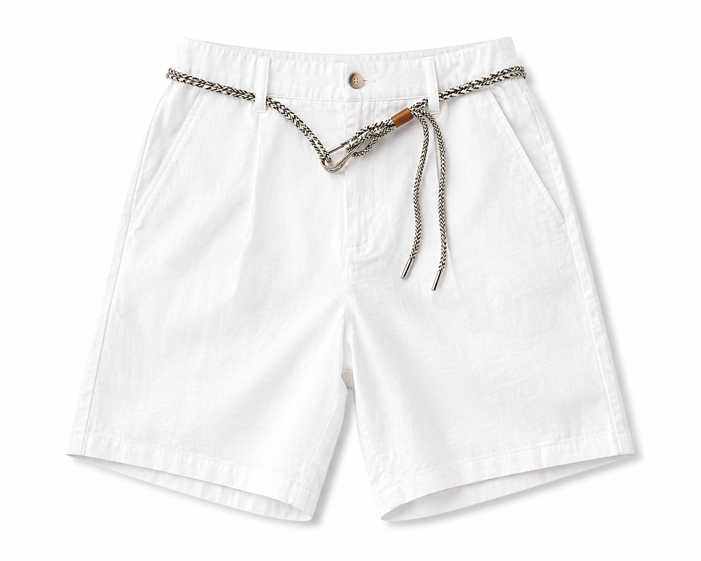 Premium White Linen Shorts with Braided Rope Belt