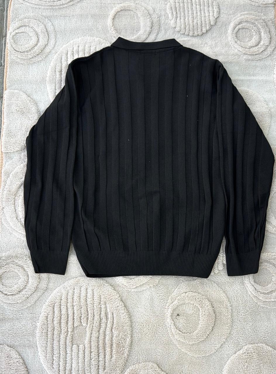 Zara Black Ribbed Knit Popover Polo Sweater | V-Neck Jumper