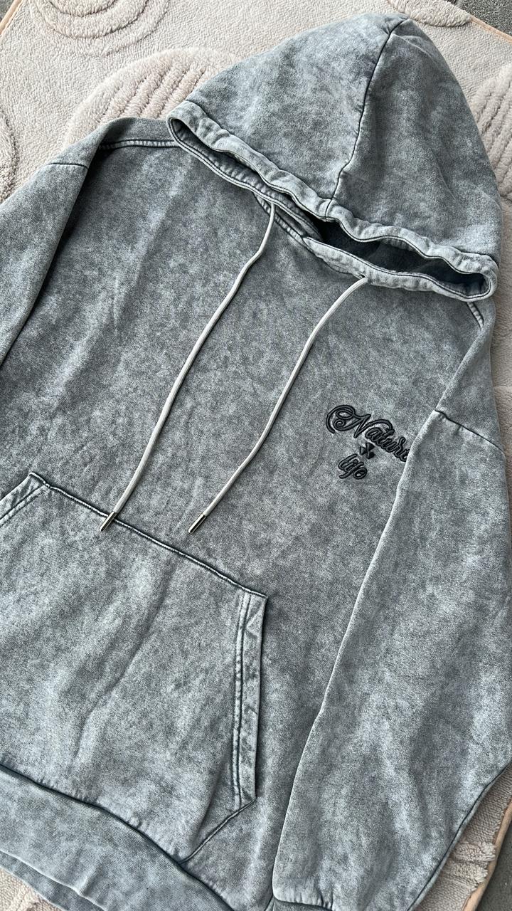 LIFE Vintage Grey Acid Wash Hoodie - "Nature & Life" Embroidered Graphic