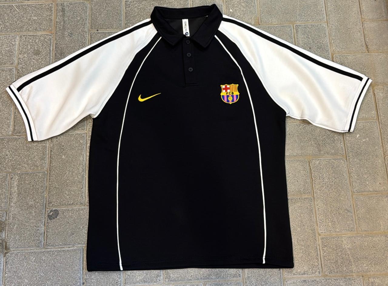 Nike FC Barcelona Black Polo Shirt - White Raglan Sleeves & Crest