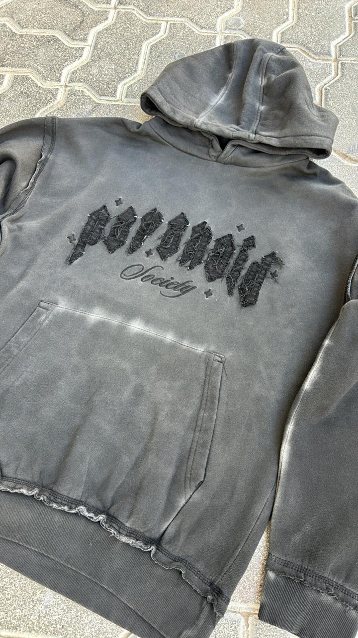 Vintage Wash "Paranoid Society" Hoodie | Distressed Black Charcoal Pullover | Gothic Streetwear