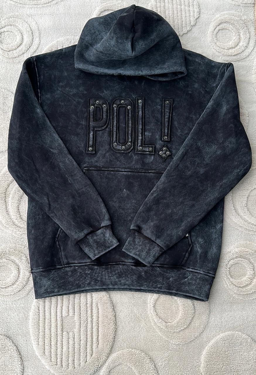 POLI! Streetwear Studded Hoodie - Charcoal/Black Acid Wash