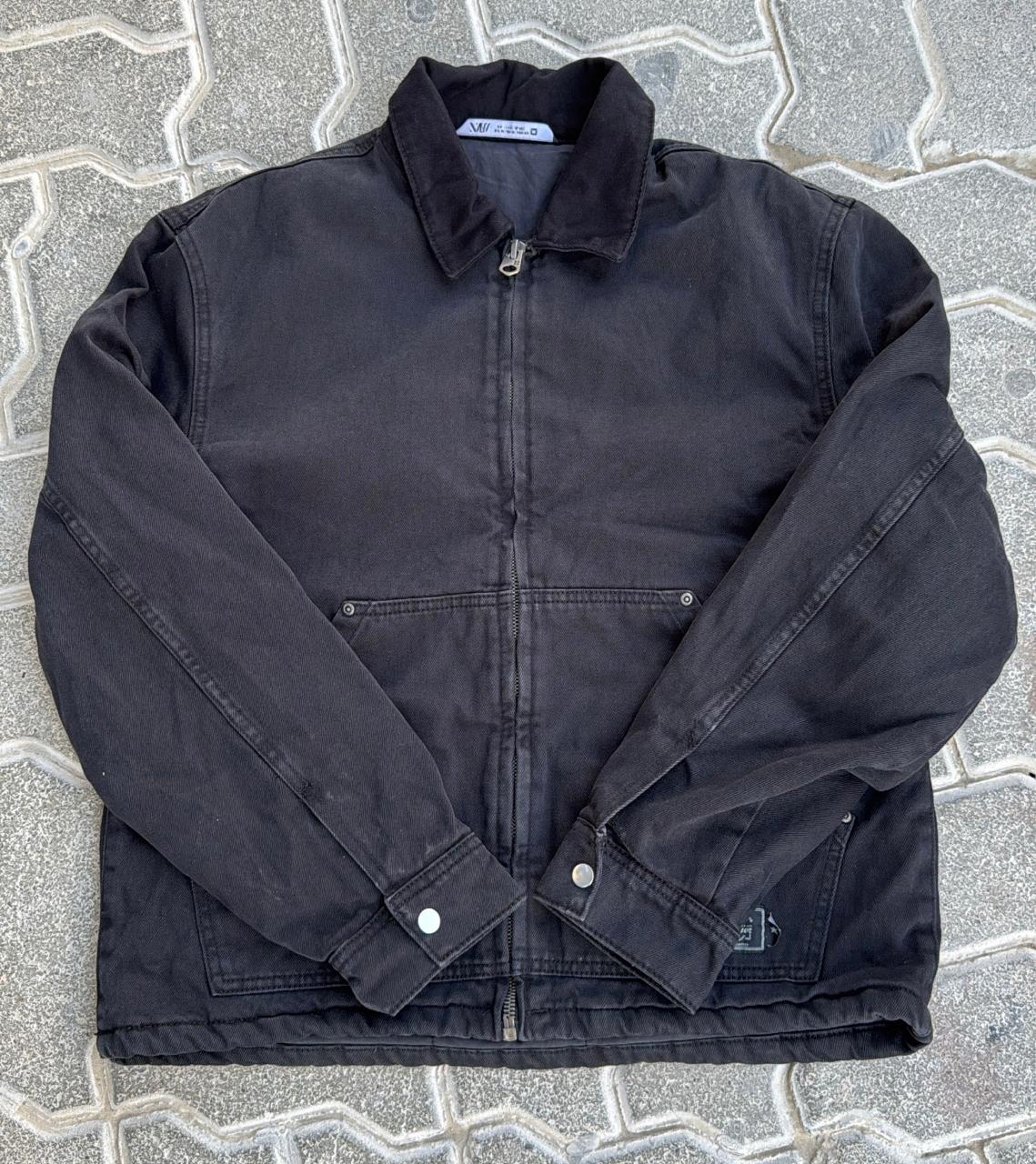 ZARA Vintage Faded Black Canvas Chore Jacket | Dark Corduroy Collar | Full Zip Workwear