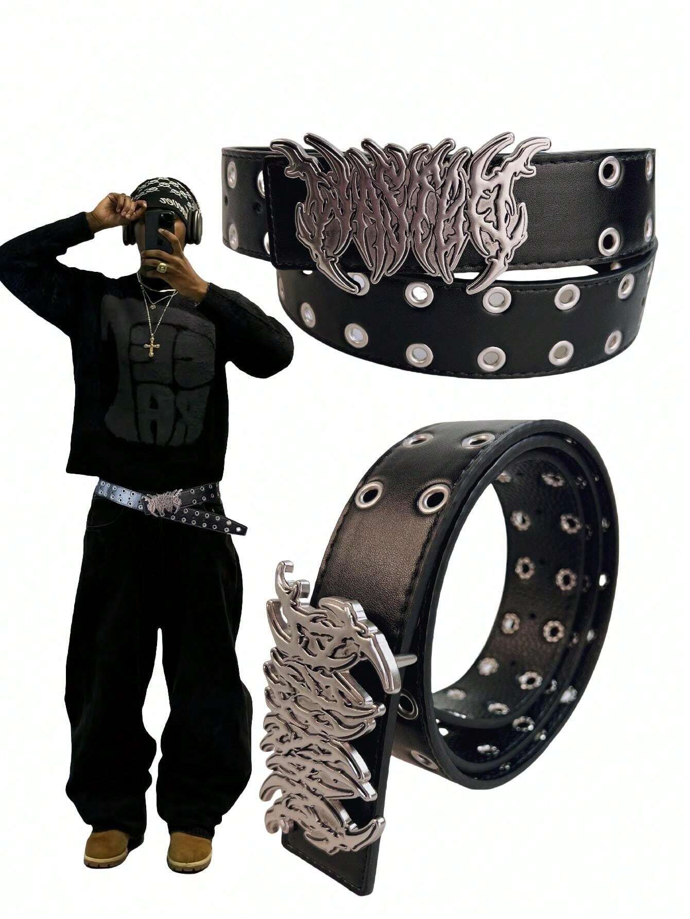 Unisex Leopard & Zebra Print Belt, Goth/Streetwear/Punk Style, Letter & Flame Hollow Metal Buckle,