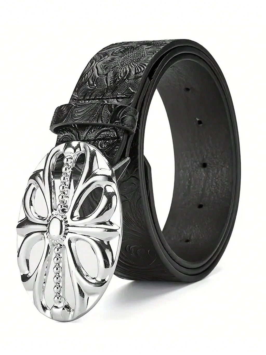 Boho-Chic Black Faux Leather Belt With Vintage Oval Hollow Buckle