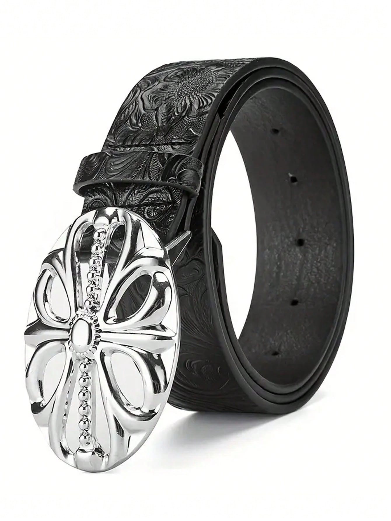 Boho-Chic Black Faux Leather Belt With Vintage Oval Hollow Buckle