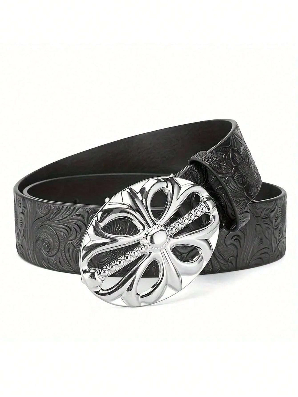 Boho-Chic Black Faux Leather Belt With Vintage Oval Hollow Buckle