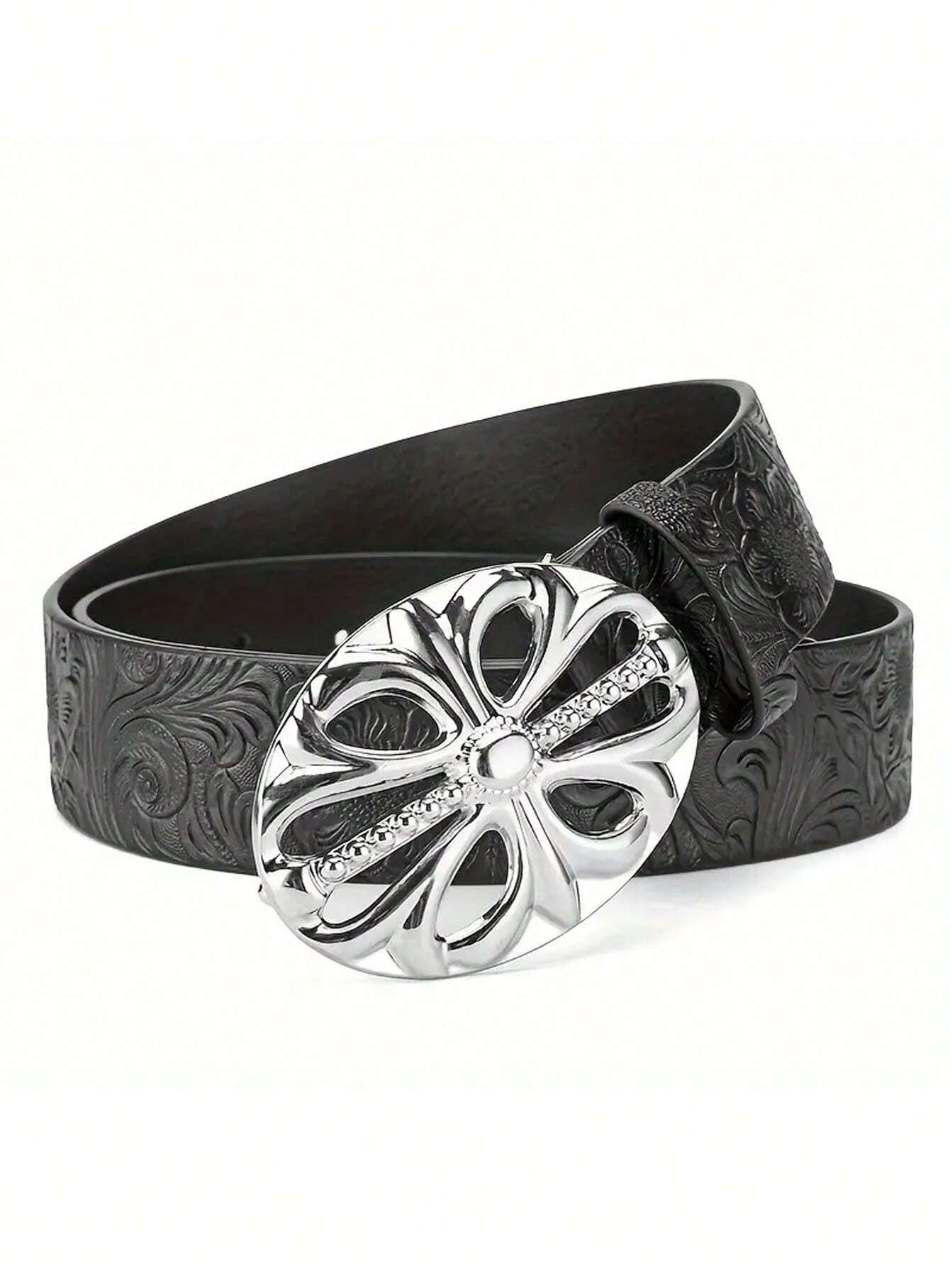 Boho-Chic Black Faux Leather Belt With Vintage Oval Hollow Buckle