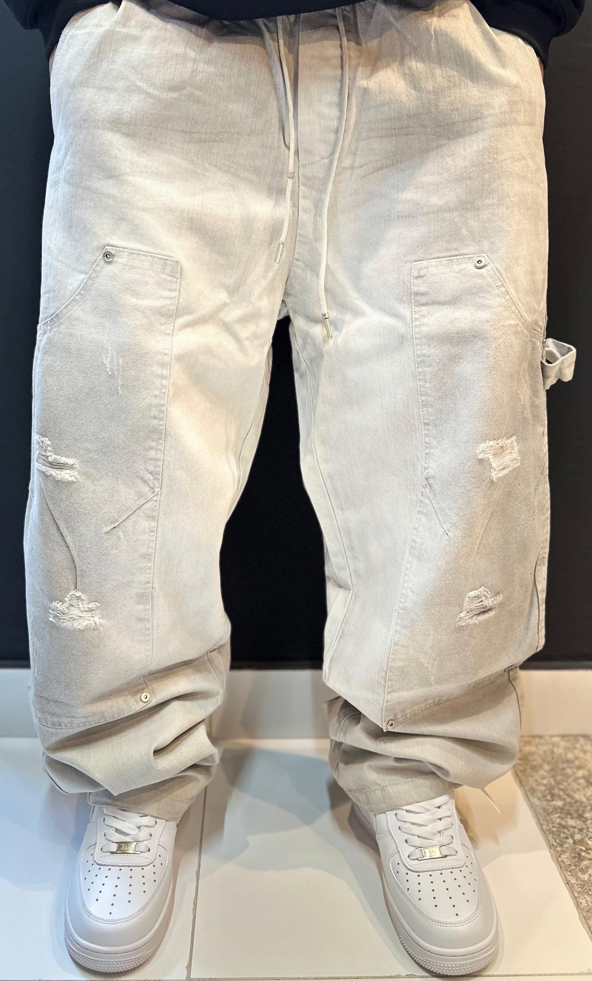 Distressed Drawstring Cargo Trousers in Stone Wash