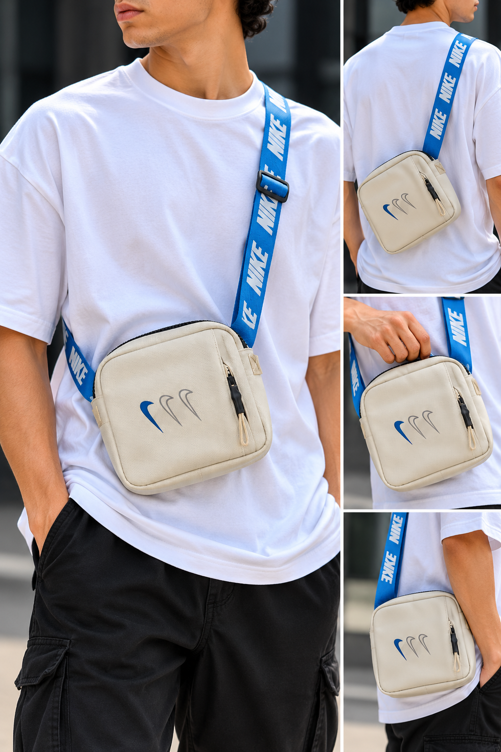Cream Nike-Print Crossbody Bag with Blue Strap