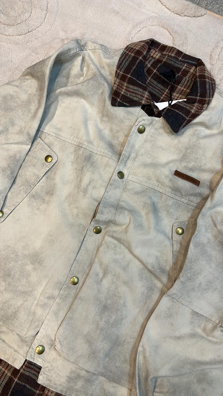 Distressed Canvas Jacket with Flannel Plaid Lining