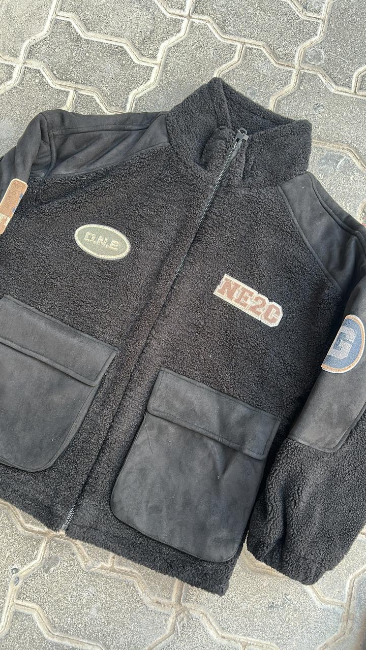 Black Sherpa Fleece Zip-Up Jacket | Suede Patch & Patches Streetwear Outerwear