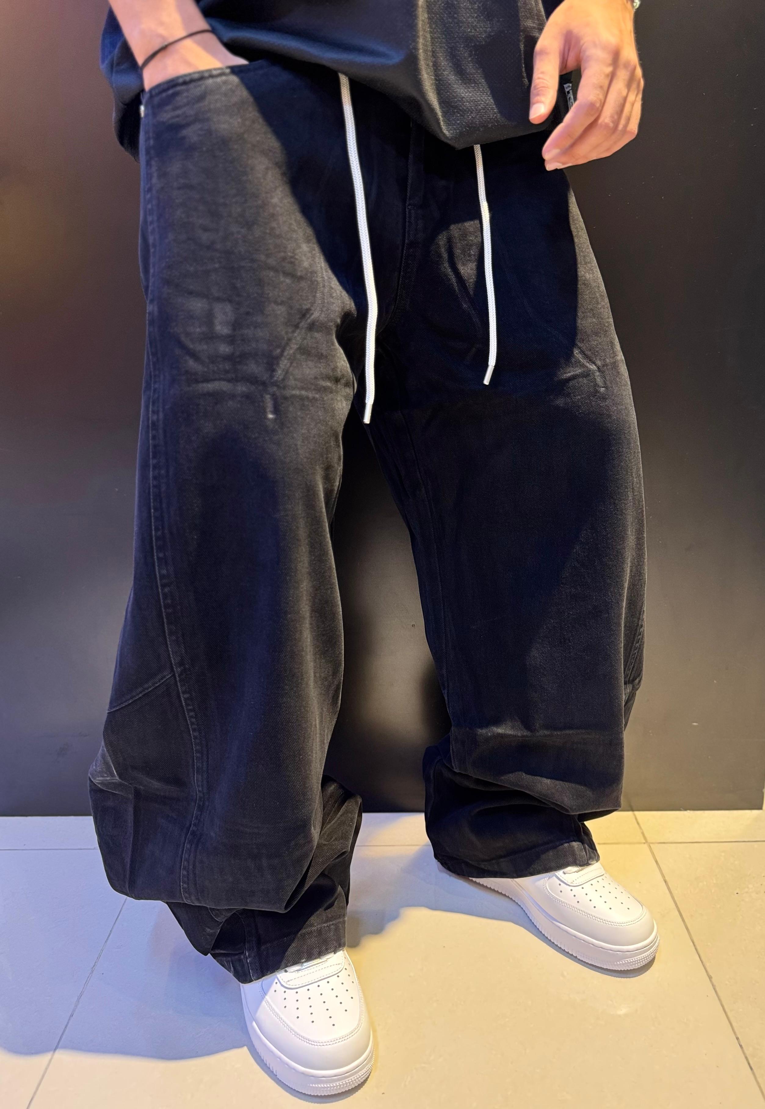 Men's Ultra-Baggy Dark Wash Denim Jeans | Oversized Wide-Leg Drawstring Streetwear Pants | Y2K Skate Style