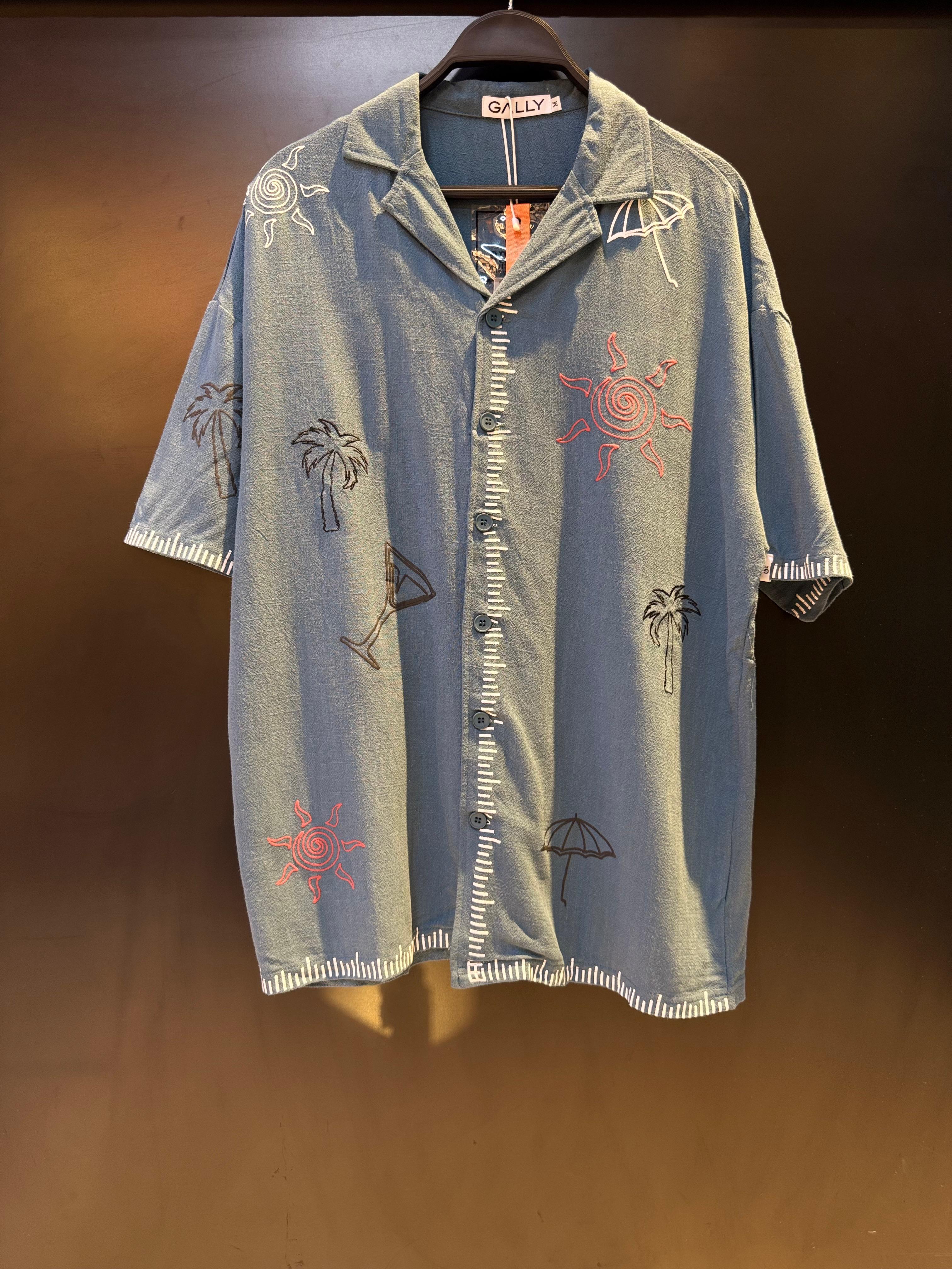 Blue-Grey Short-Sleeved Camp Collar Shirt with Summer Graphics