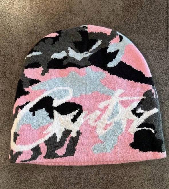 Pink and Pastel Camo Knit Beanie with White Script Logo