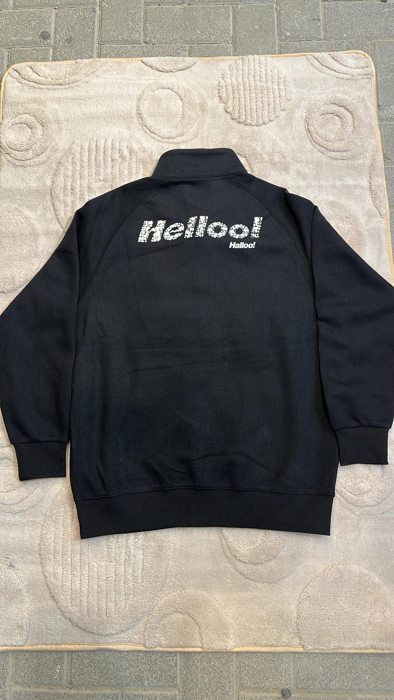 Black Quarter-Zip Sweatshirt | Ribbed Pullover with "Helloo!" Detail