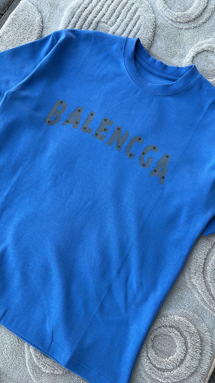 Vibrant Blue T-Shirt with Studded-Effect "BALENCGA" Logo Graphic