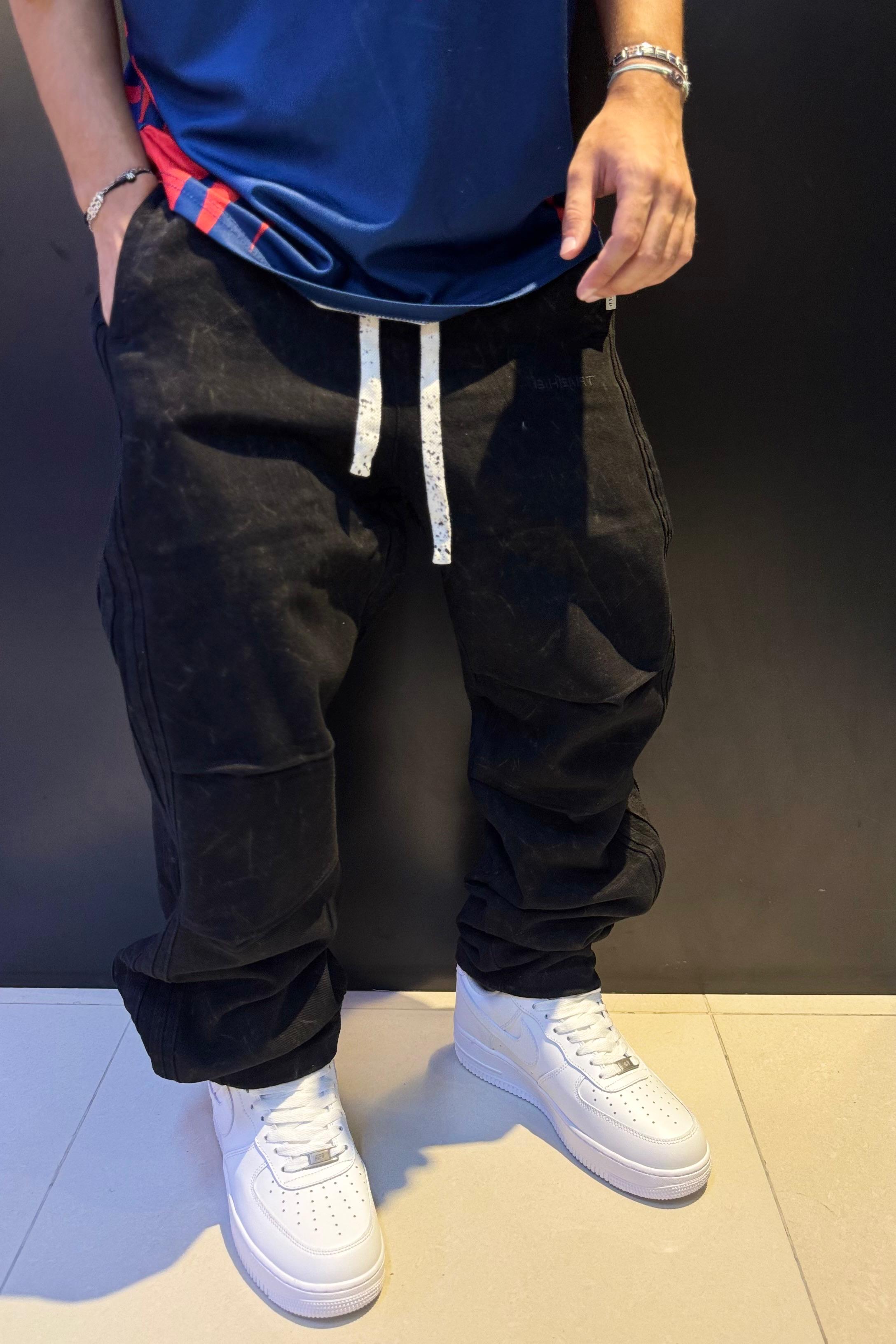 Men's Baggy Jogger Pants - Black Distressed