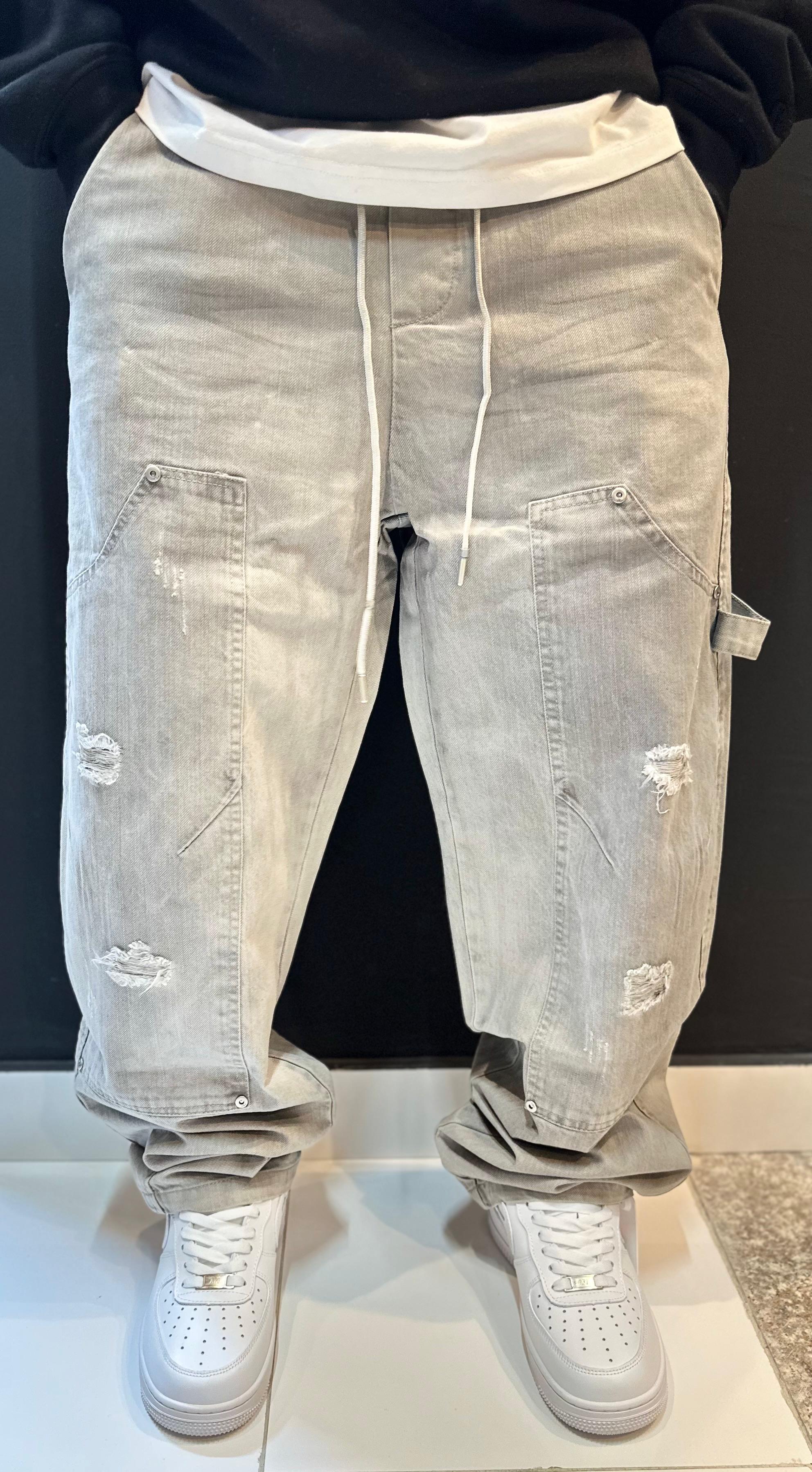 Light Grey Distressed Carpenter Trousers with Drawstring