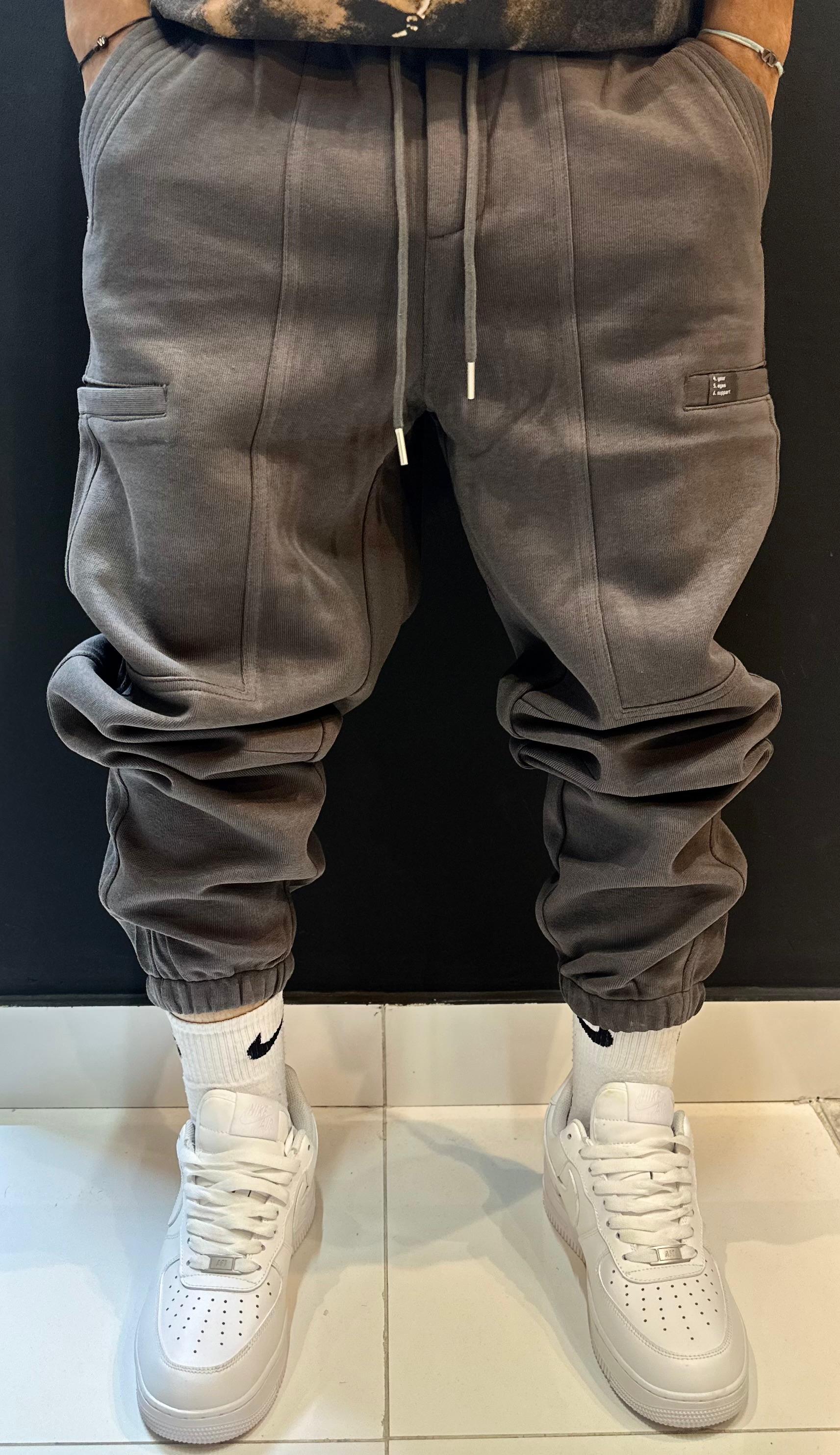 Charcoal Grey Ribbed Drop-Crotch Streetwear Pants