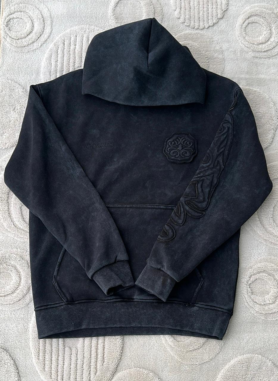 Black Washed Pullover Hoodie with Embossed Design