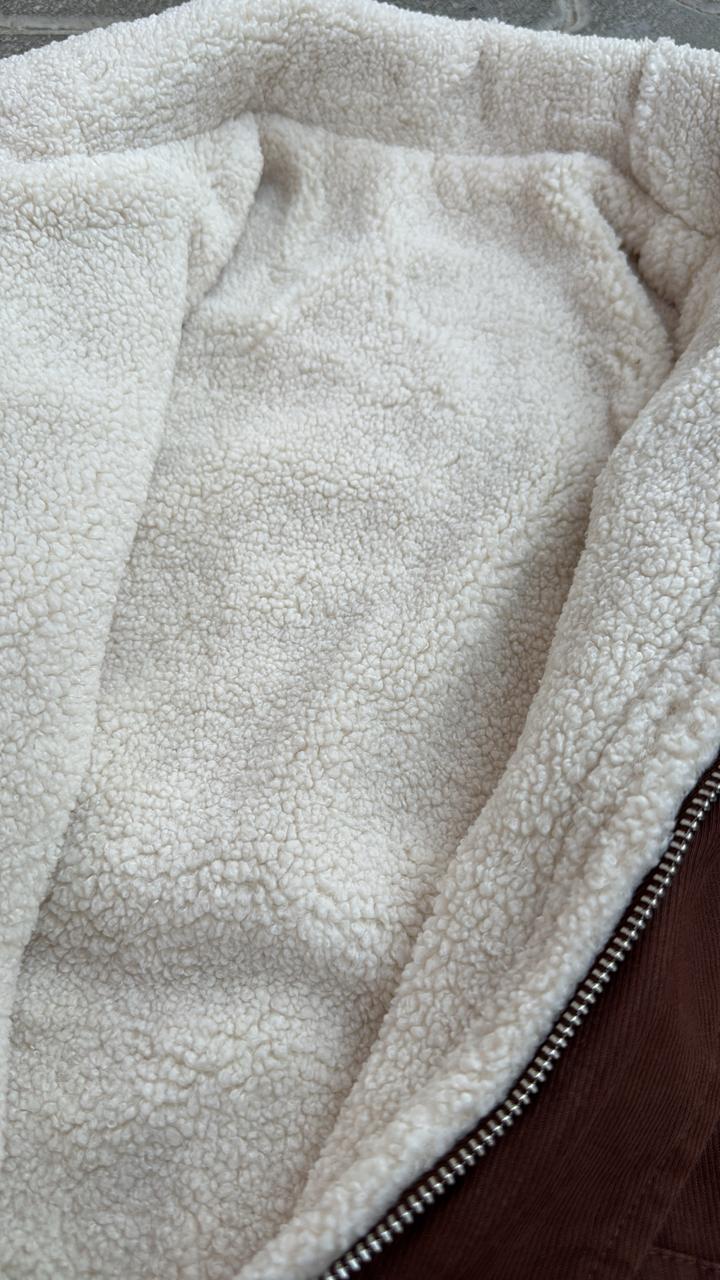 Vintage Brown Canvas Bomber Jacket with White Sherpa Collar | Oversized Fit | Workwear Style