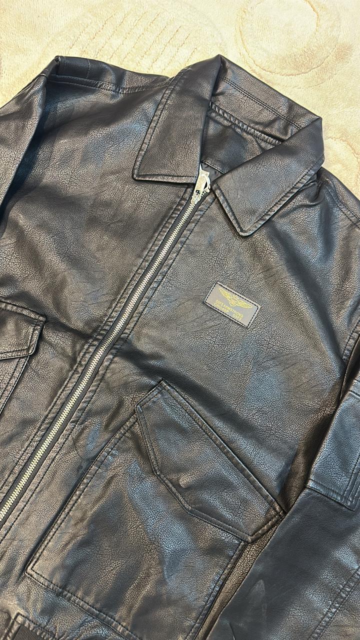 Black Faux Leather Bomber Jacket with Collar