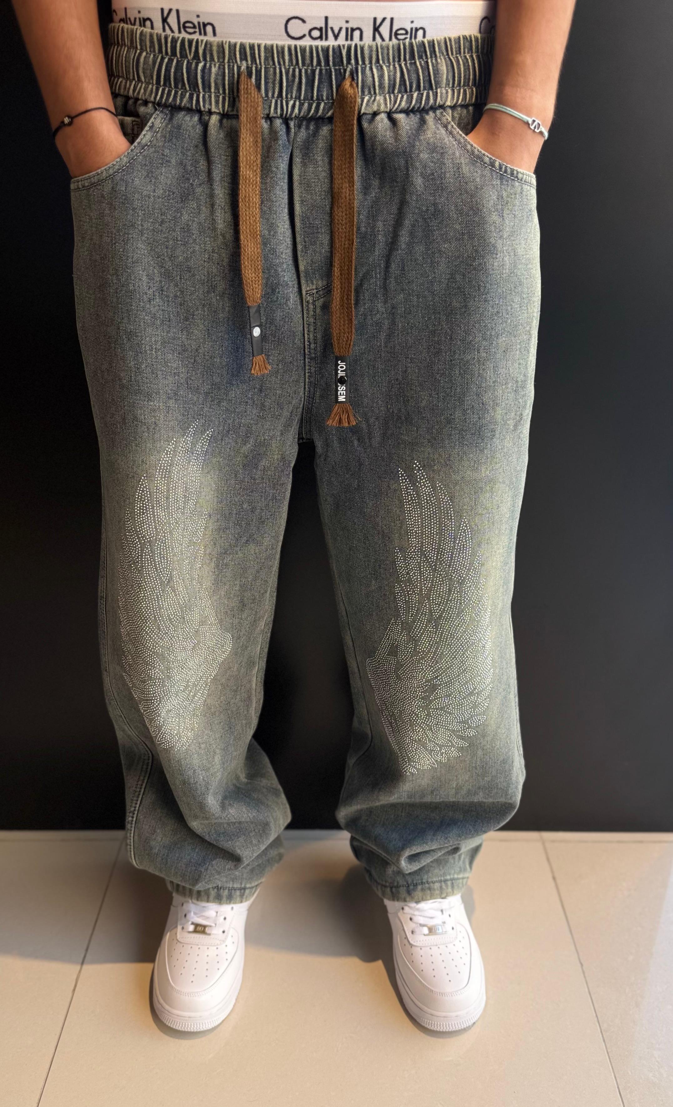 Stone-Wash Swagger: Winged Denim Joggers