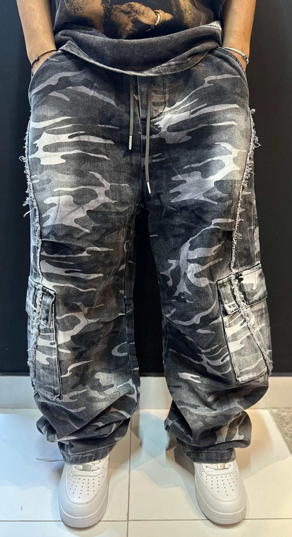 Baggy Grey Camo Cargo Pants with Raw Seams