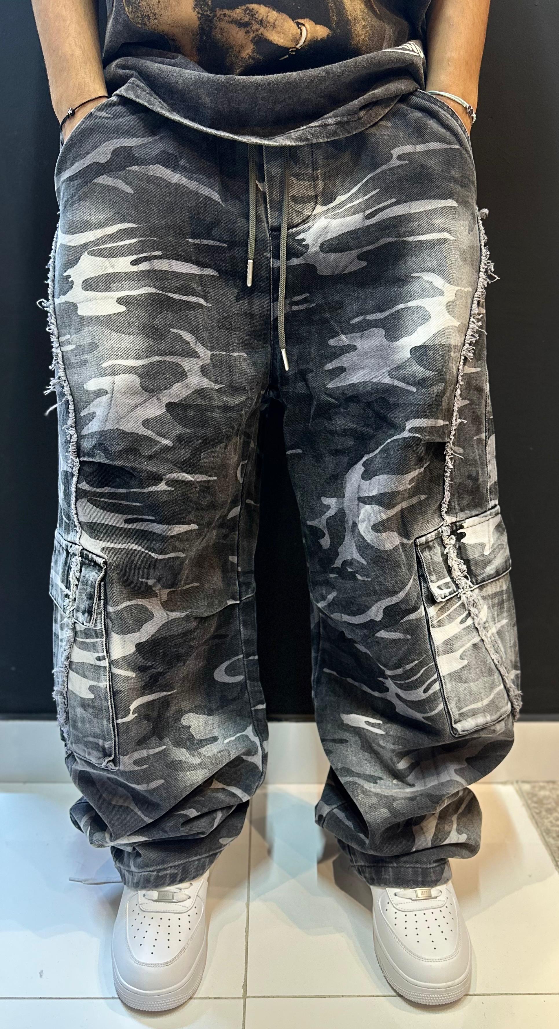 Baggy Grey Camo Cargo Pants with Raw Seams