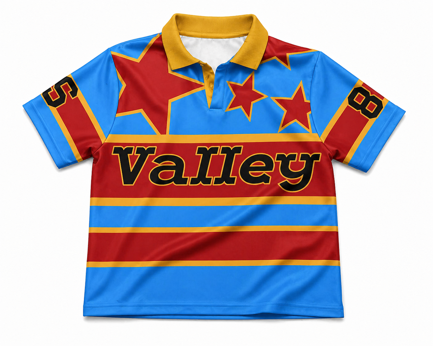 VALLEY Men’s Graphic Polo Shirt (Back View) – Bold Star & Stripe Design