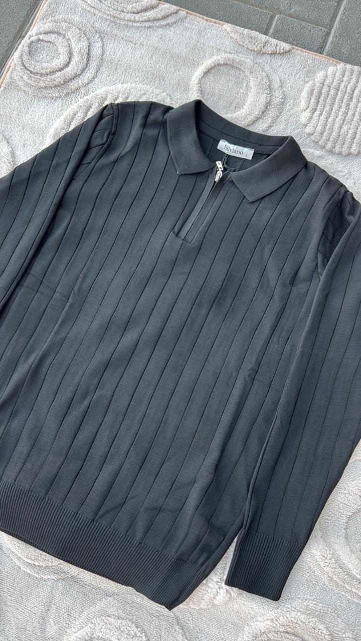 Sirylano Black Ribbed Knit Quarter-Zip Polo Sweater