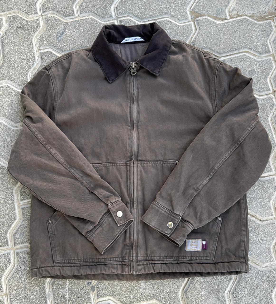 Zara Vintage Faded Brown Canvas Chore Jacket | Dark Contrast Corduroy Collar | Full Zip Workwear Coat