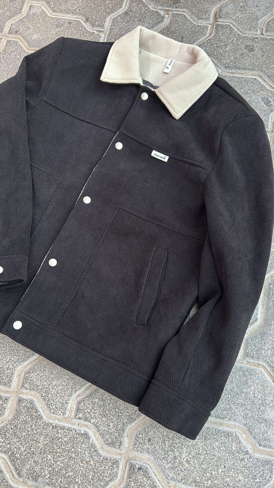 Black Textured Workwear Jacket with Contrast Collar