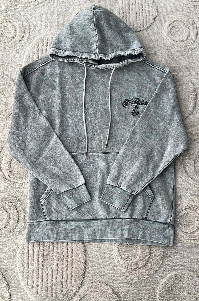 LIFE Vintage Grey Acid Wash Hoodie - "Nature & Life" Embroidered Graphic