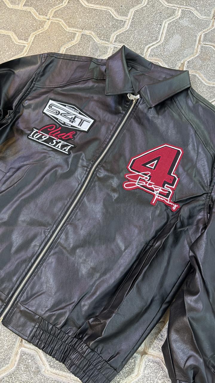 Black Faux Leather Racing Jacket with Patches | Embroidered Red "4" & "Club SKA" Logos | Streetwear Bomber