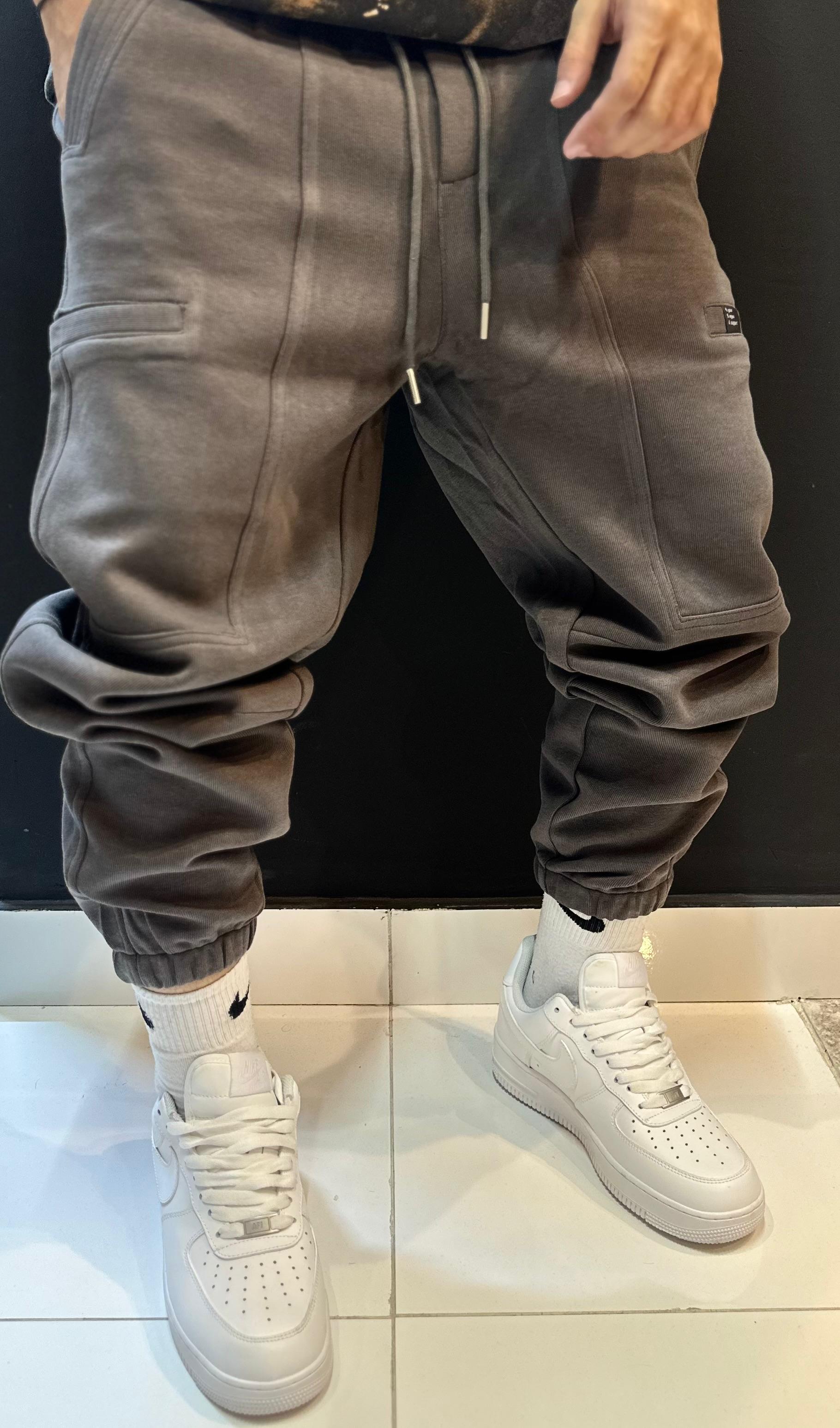 Charcoal Grey Ribbed Drop-Crotch Streetwear Pants
