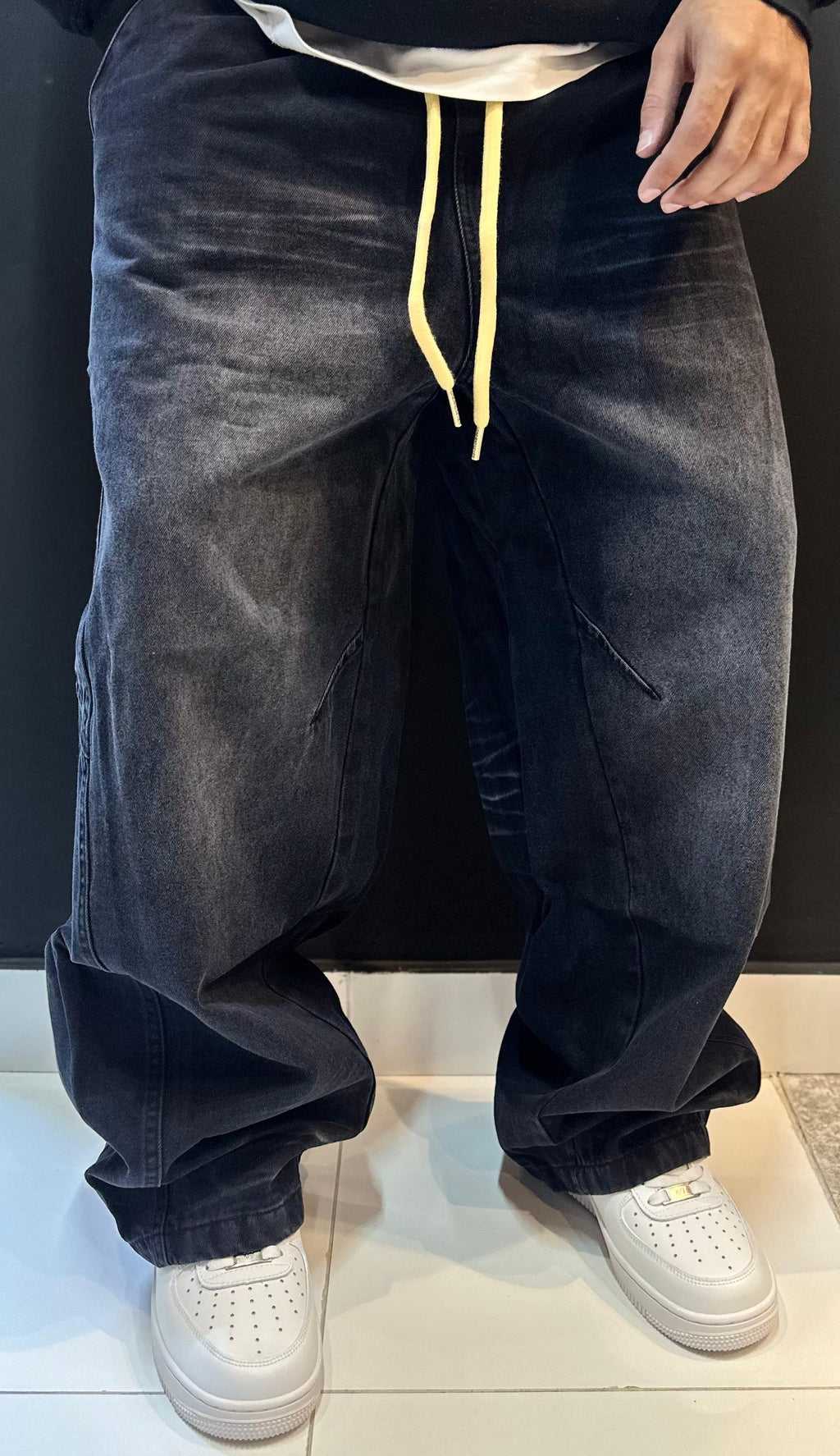 Deep Charcoal Baggy Jeans with Contrast Drawstring