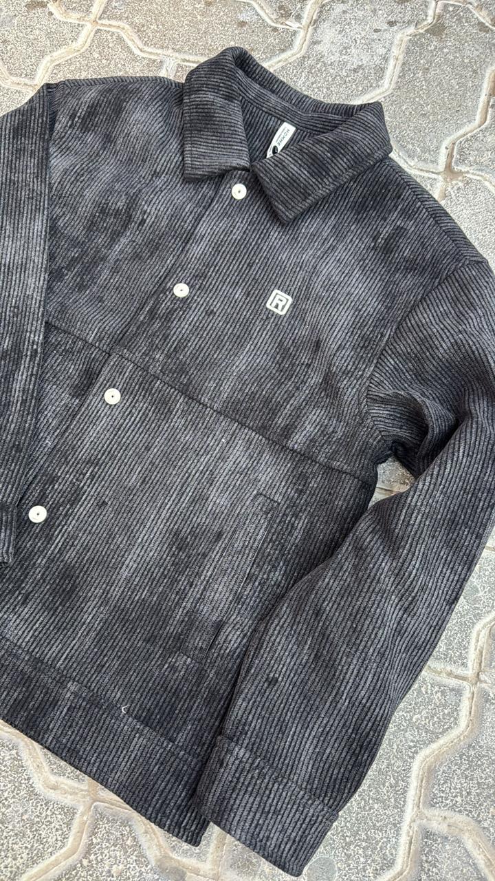Vintage Wash Black Corduroy Chore Jacket with 'R' Logo