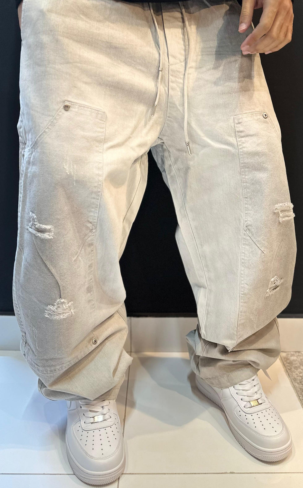 Distressed Drawstring Cargo Trousers in Stone Wash