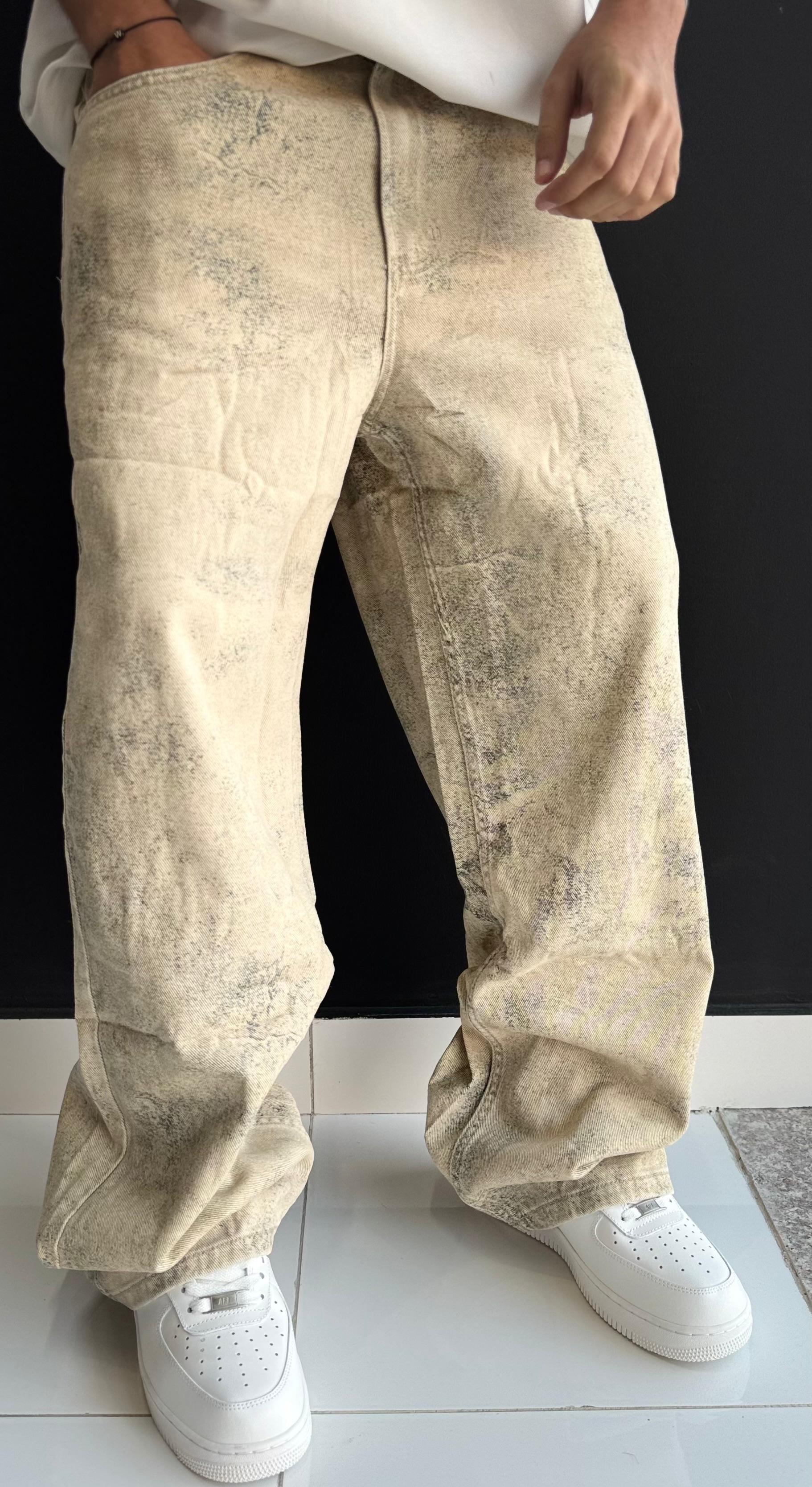 ZARA Vintage Acid Wash Baggy Jeans - Cream & Grey Distressed Denim