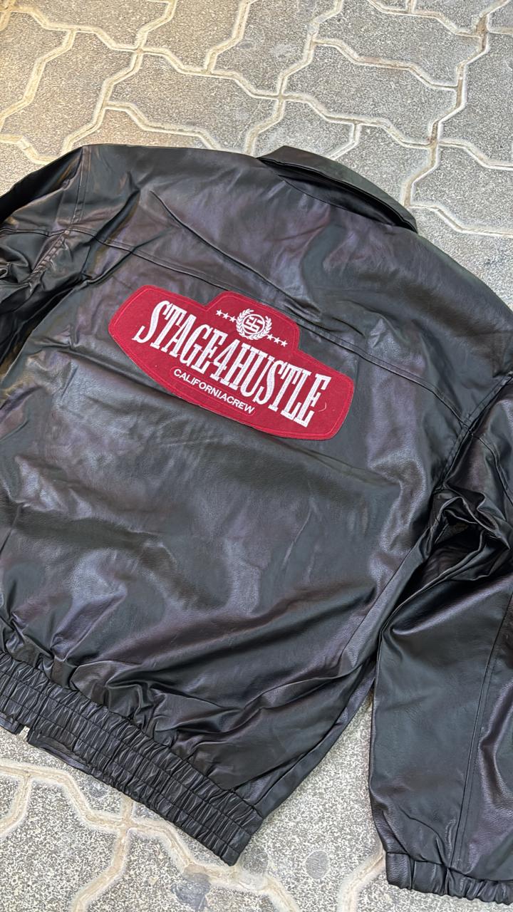 Black Faux Leather Racing Jacket with Patches | Embroidered Red "4" & "Club SKA" Logos | Streetwear Bomber