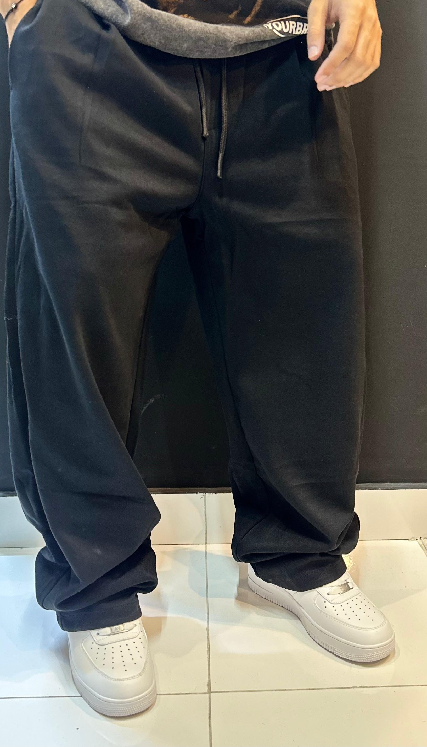 Minimal Black Baggy Fleece Drawstring Pants