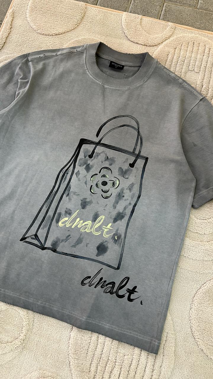Vintage Wash Graphic Tee - Shopping Bag Print with Flower Detail