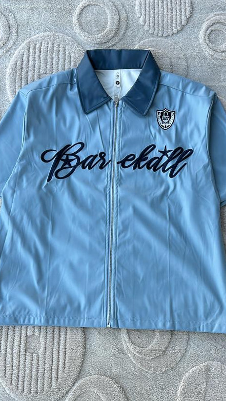 Light Blue Full-Zip Bowling Shirt Style Top | "Bar ekall" Script Graphic with Contrast Collar