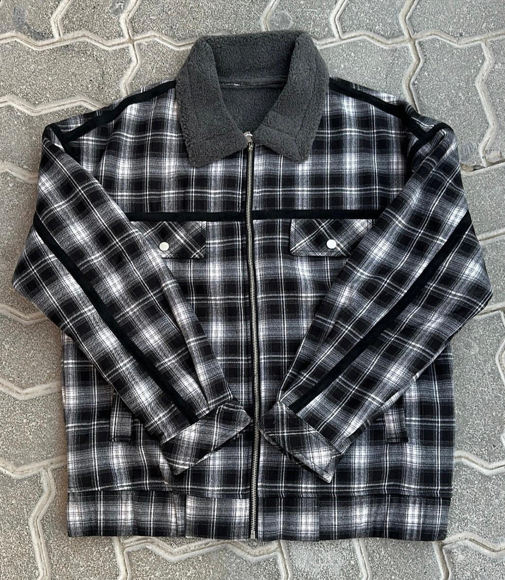 Black & White Plaid Flannel Jacket with Sherpa Collar & Stripe Detail | Streetwear Zip-Up