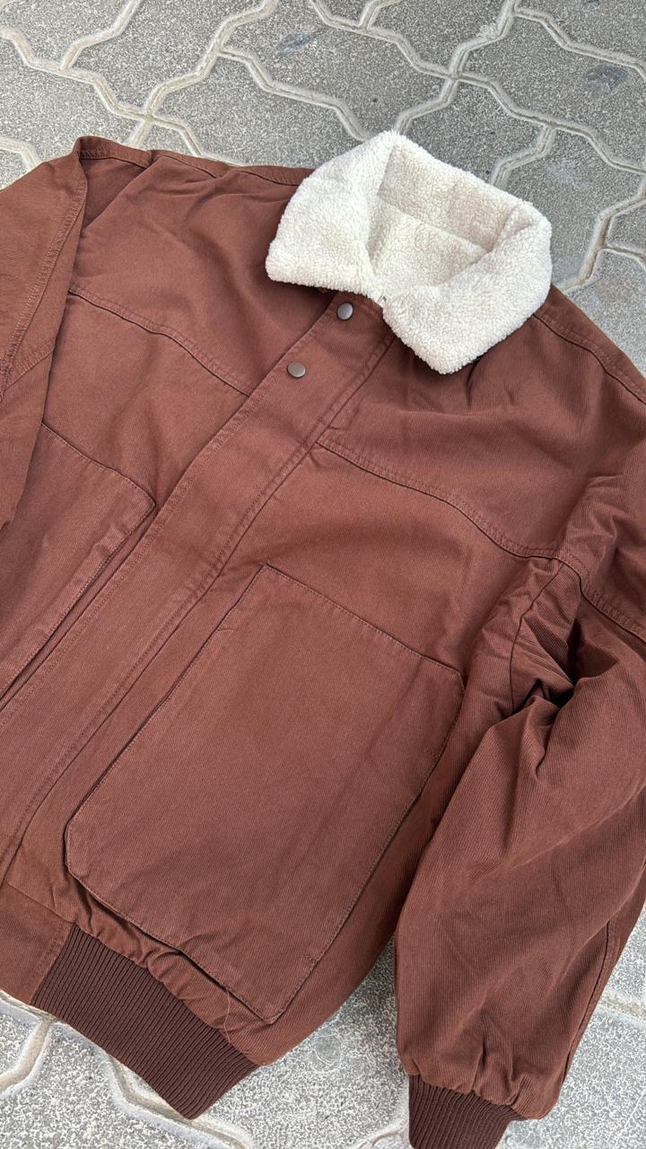 Vintage Brown Canvas Bomber Jacket with White Sherpa Collar | Oversized Fit | Workwear Style