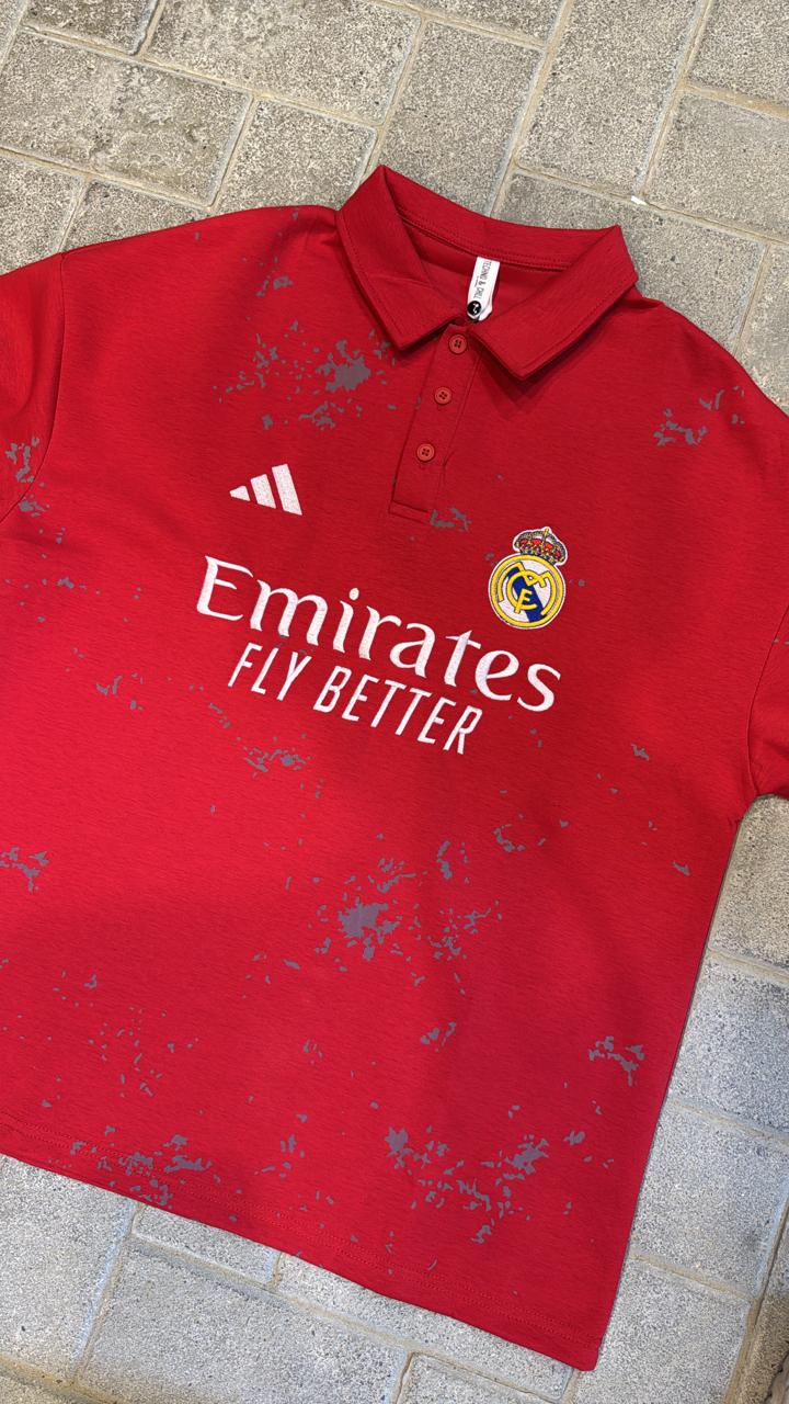 Real Madrid Red Polo Shirt - Emirates Sponsor & Unique Distressed Pattern