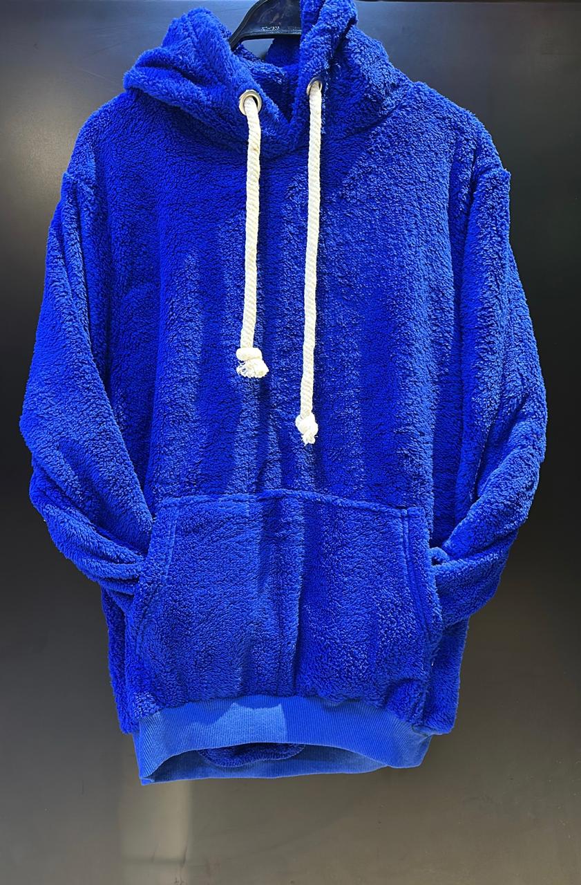 Vibrant Royal Blue Sherpa Fleece Pullover Hoodie - Cozy Oversized Fit