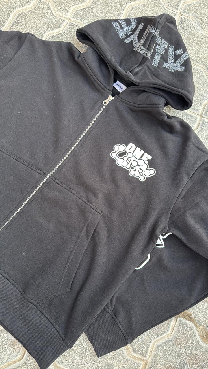 Black Oversized Full-Zip Hoodie | "ALONE" Distressed Hood Graphic | Streetwear Cartoon Print Sleeve